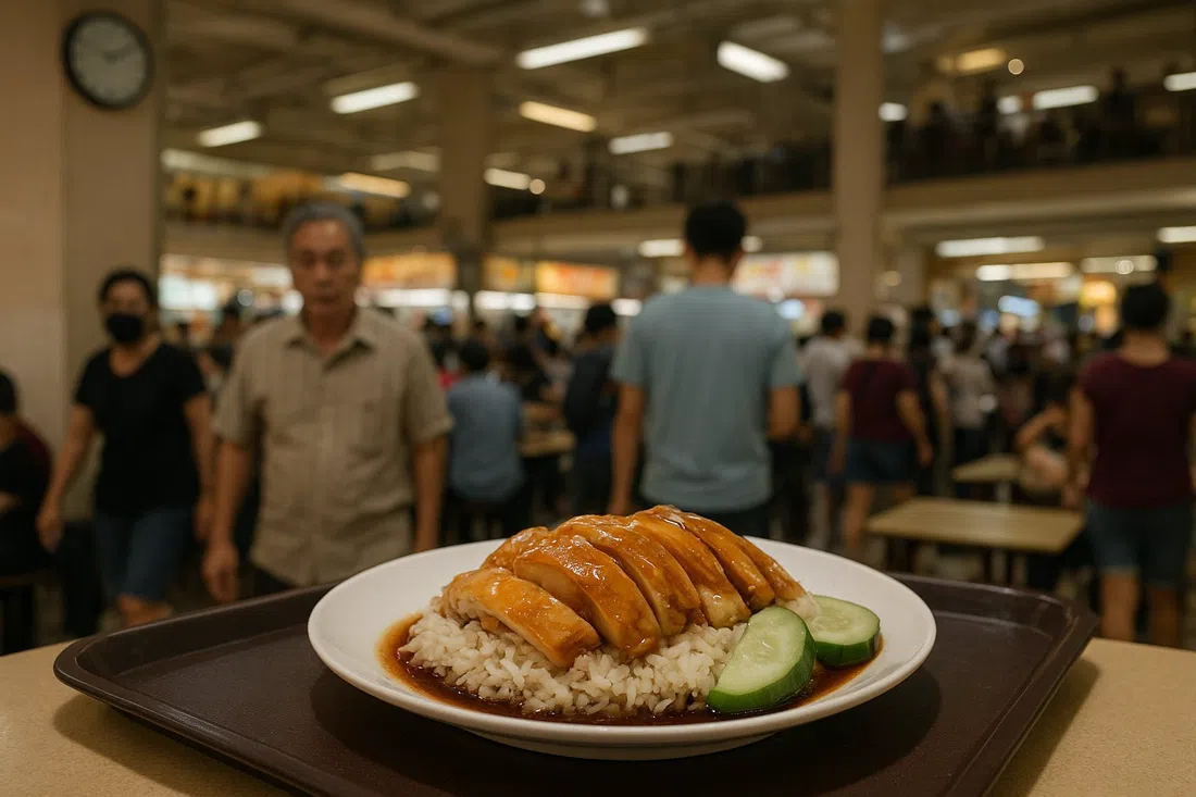 Liao Fan Hawker Chan al Chinatown Complex, un semplice piatto di riso al pollo con salsa di soia su un vassoio hawker sotto luce fluorescente, con la coda e il trambusto del food court al secondo piano sullo sfondo