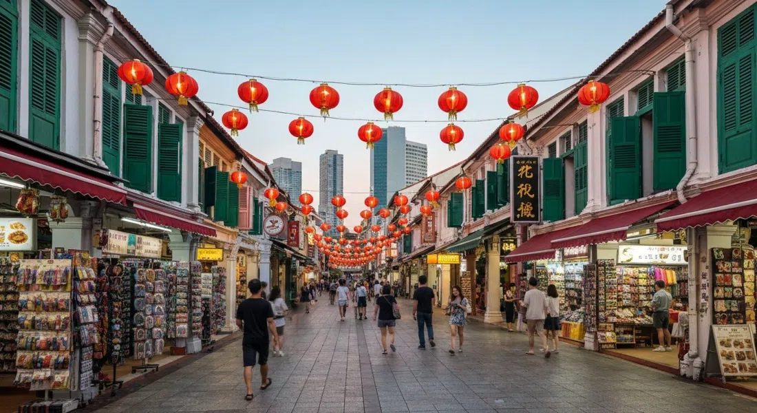 Pagoda Street a Chinatown nel tardo pomeriggio, lanterne rosse sospese tra le shophouse, bancarelle di souvenir sotto e luce calda che illumina le facciate dipinte