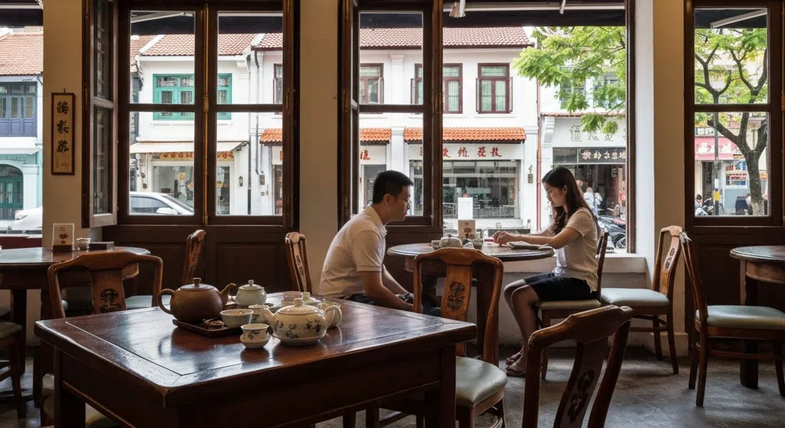 Tea Chapter su Neil Road, un elegante interno di tradizionale casa da tè cinese con teaware sul tavolo e morbida luce del pomeriggio attraverso le finestre della shophouse
