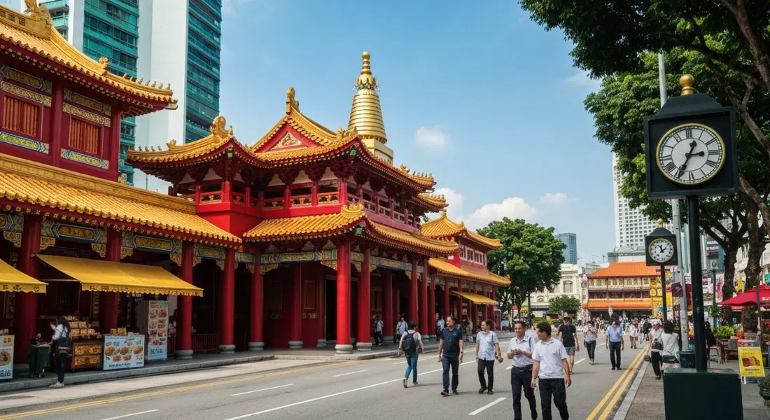 Buddha Tooth Relic Temple su South Bridge Road di giorno, la facciata rossa in stile Tang, lo stupa dorato e i dettagli del tetto ornamentali che brillano nella luce chiara