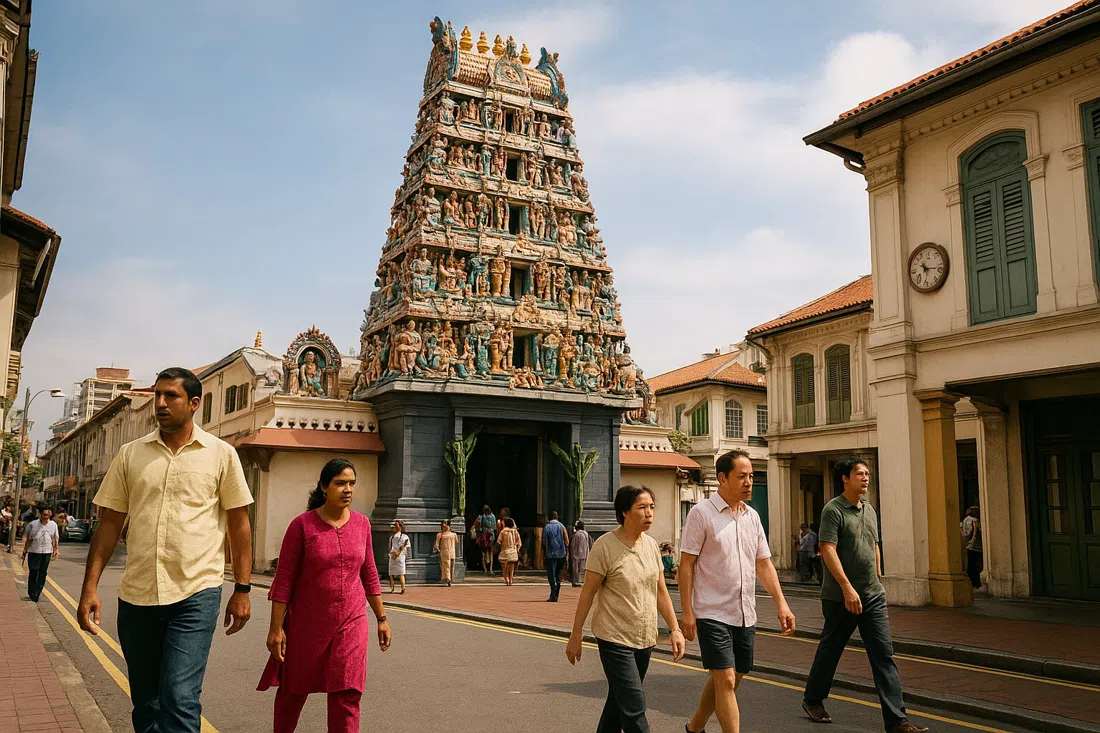 Sri Mariamman Temple su South Bridge Road, il gopuram dipinto che si erge sopra la strada con visitatori del tempio e facciate di shophouse nelle vicinanze