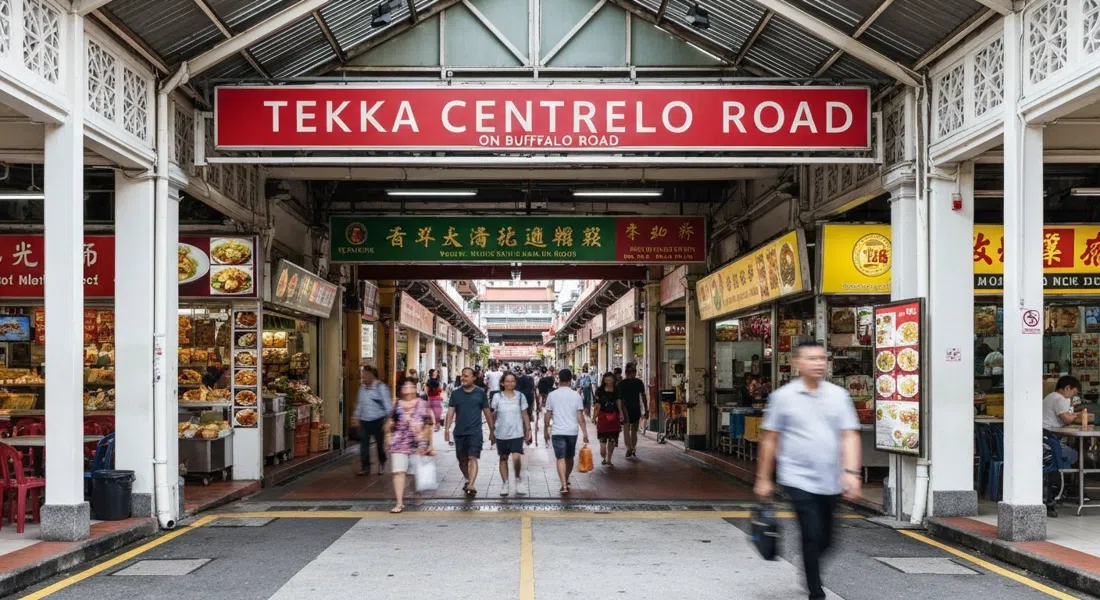 Tekka Centre en Buffalo Road, con el mercado húmedo abajo y el patio de comidas arriba, luz de mediodía concurrida y compradores entrando