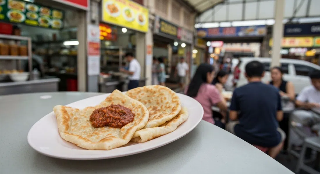 un plato de prata simple con sambal en Prata Saga Sambal Berlada dentro de Tekka Centre, fotografiado en primer plano bajo la luz brillante del patio de comidas