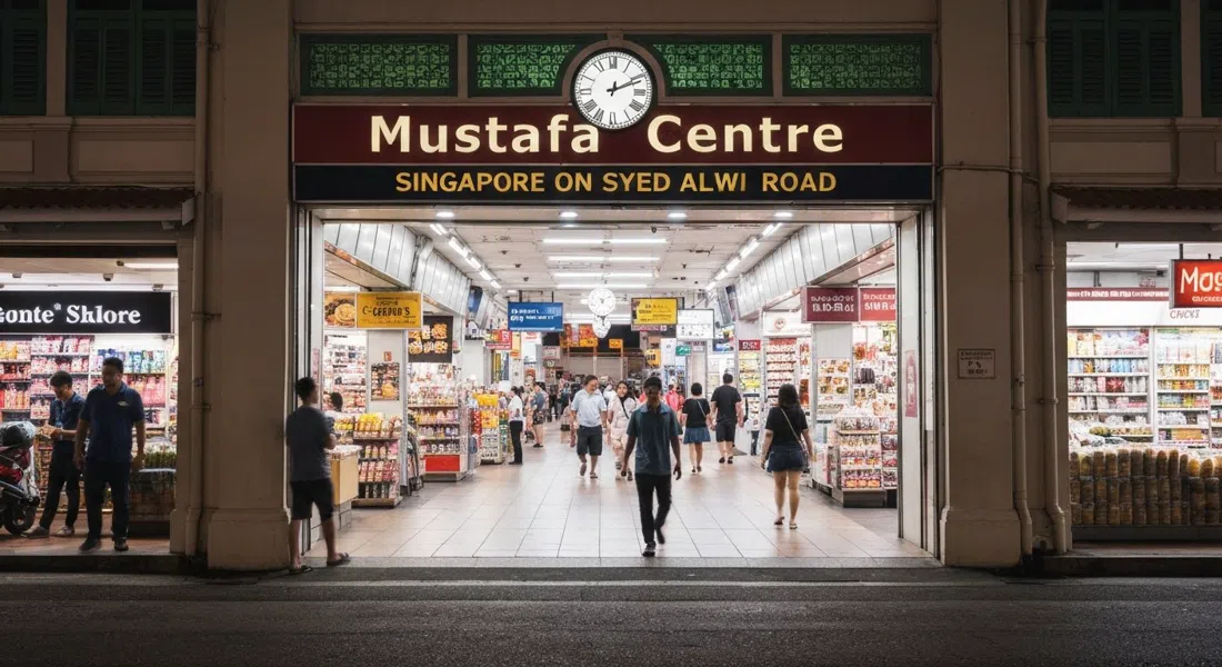 Mustafa Centre en Syed Alwi Road de noche, interior fluorescente brillante que se asoma por la entrada con compradores yendo y viniendo