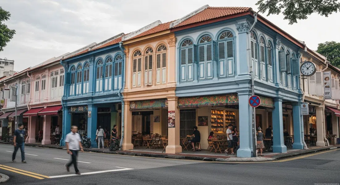 la Casa de Tan Teng Niah en Kerbau Road, fachada pintada con los colores del arcoíris a última hora de la tarde con la calle de tiendas enmarcándola