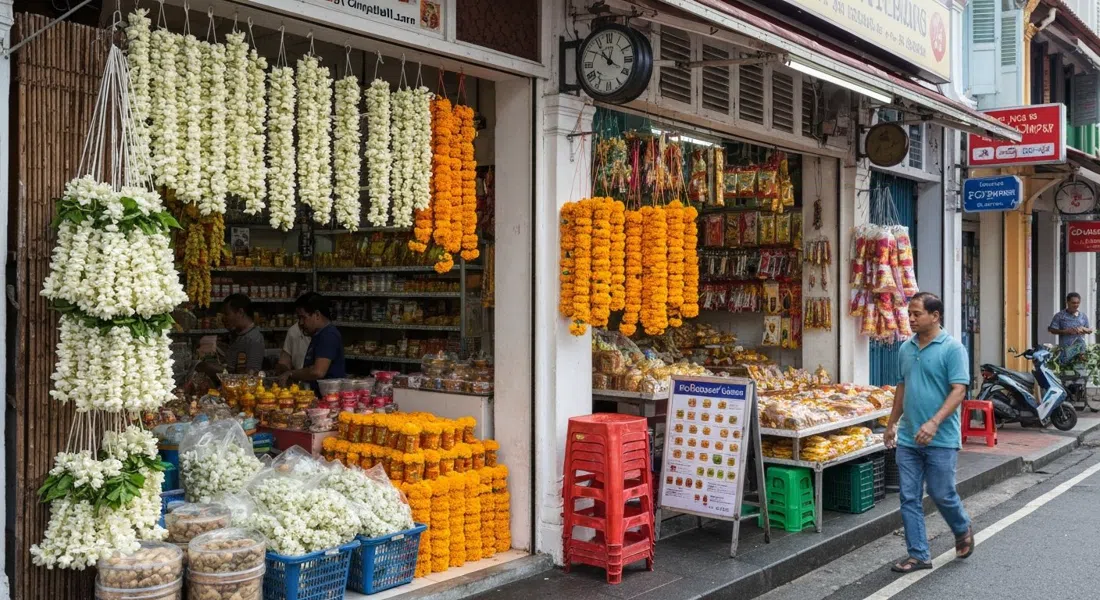 Jothi Store & Flower Shop en Campbell Lane, con guirnaldas frescas de jazmín y caléndula colgadas afuera junto a artículos de pooja y suministros de oración