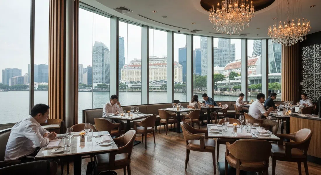 Maison Boulud en The Shoppes, un comedor frente al mar de dos pisos con mesas pulidas y vistas al agua de Marina Bay a través de altos ventanales de vidrio
