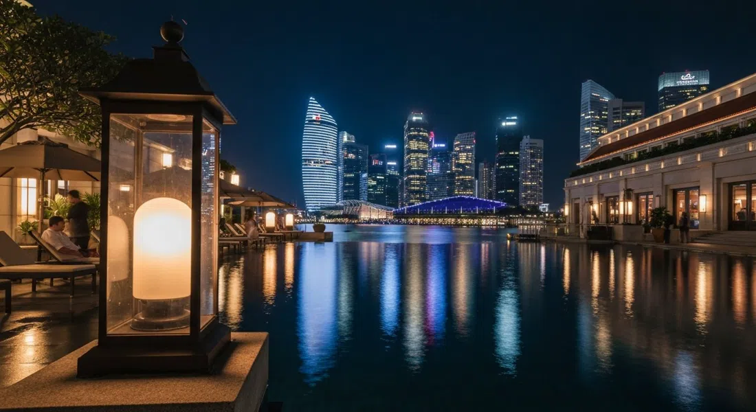 Lantern en el Fullerton Bay Hotel de noche, reflejos de la piscina y el horizonte de Marina Bay detrás del bar en la azotea con las luces de Spectra visibles al otro lado del agua