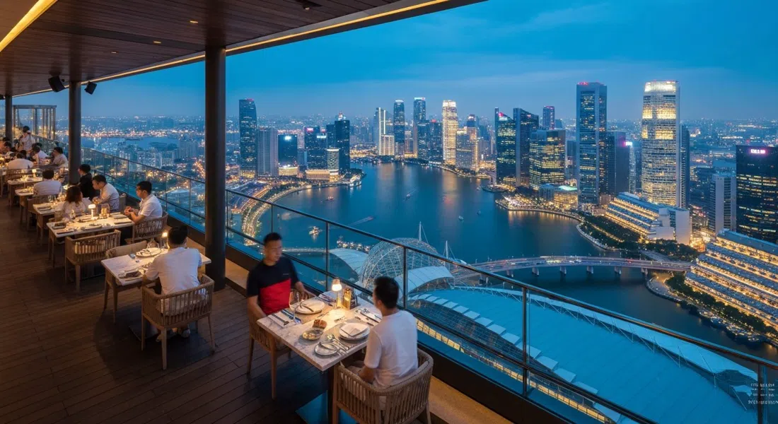 SkyBar de CÉ LA VI en el piso 57 de Marina Bay Sands, mesas al aire libre con el horizonte completo de la bahía extendido debajo durante la hora azul