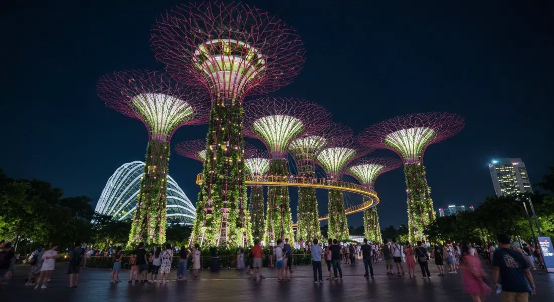 Gardens by the Bay de noche, el Supertree Grove brillando durante Garden Rhapsody con visitantes reunidos debajo bajo los jardines verticales iluminados