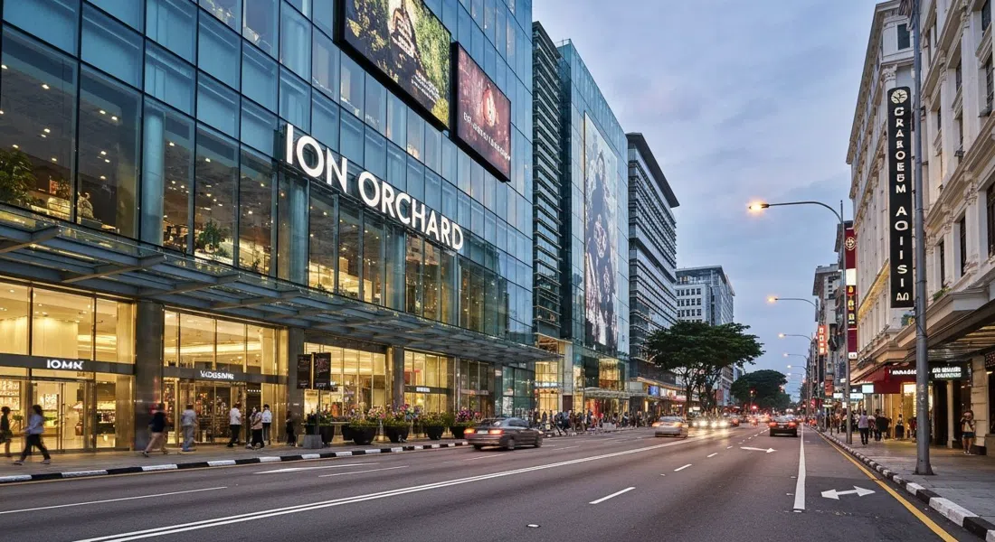 la fachada de vidrio y acero de ION Orchard en Orchard Road al atardecer, logotipos de marcas de lujo brillando sobre el tráfico