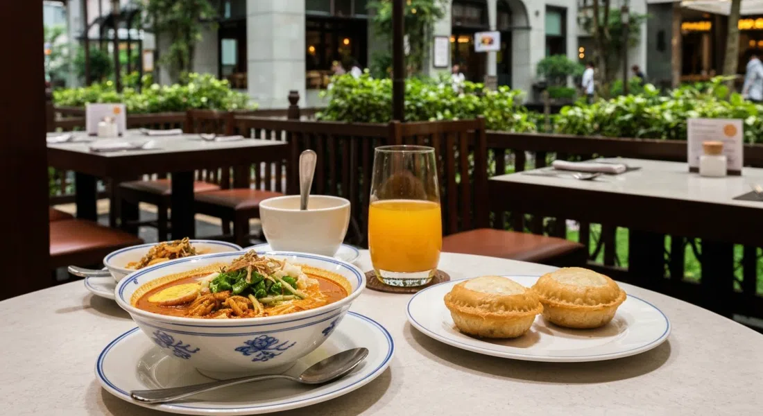 una mesa peranakan refinada en Violet Oon Singapore en ION Orchard, laksa y kueh pie tee bajo una cálida iluminación interior