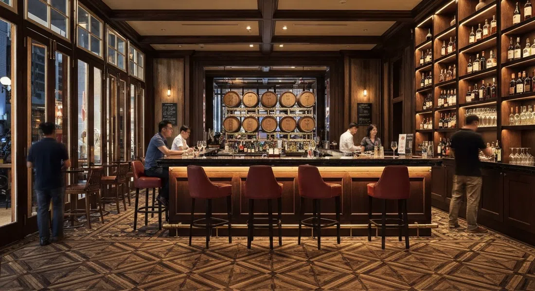 el interior pulido de Manhattan en Conrad Singapore Orchard, barricas de roble alineadas detrás de una barra estilo Nueva York de la Edad de Oro
