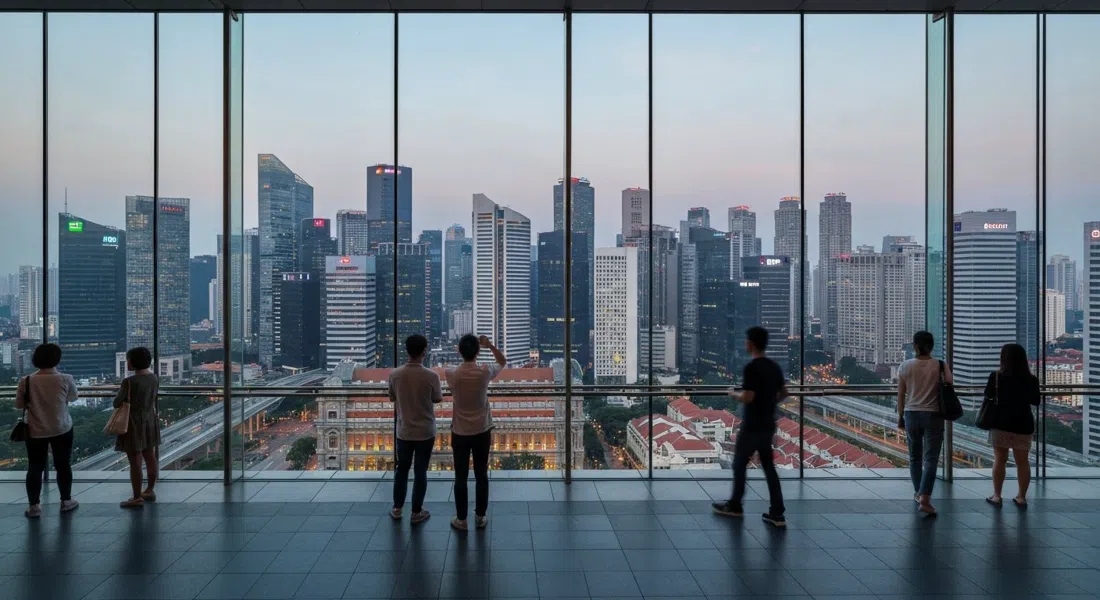 la vista desde ION Sky sobre Orchard Road, el horizonte de la ciudad extendido a través de ventanales al atardecer