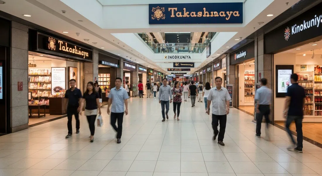 el interior de Ngee Ann City con los letreros de Takashimaya y Kinokuniya, compradores moviéndose por un atrium brillante de centro comercial