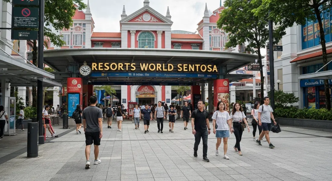 el recinto de entrada de Resorts World Sentosa con visitantes moviéndose entre Universal Studios Singapore y el Singapore Oceanarium en luz diurna brillante
