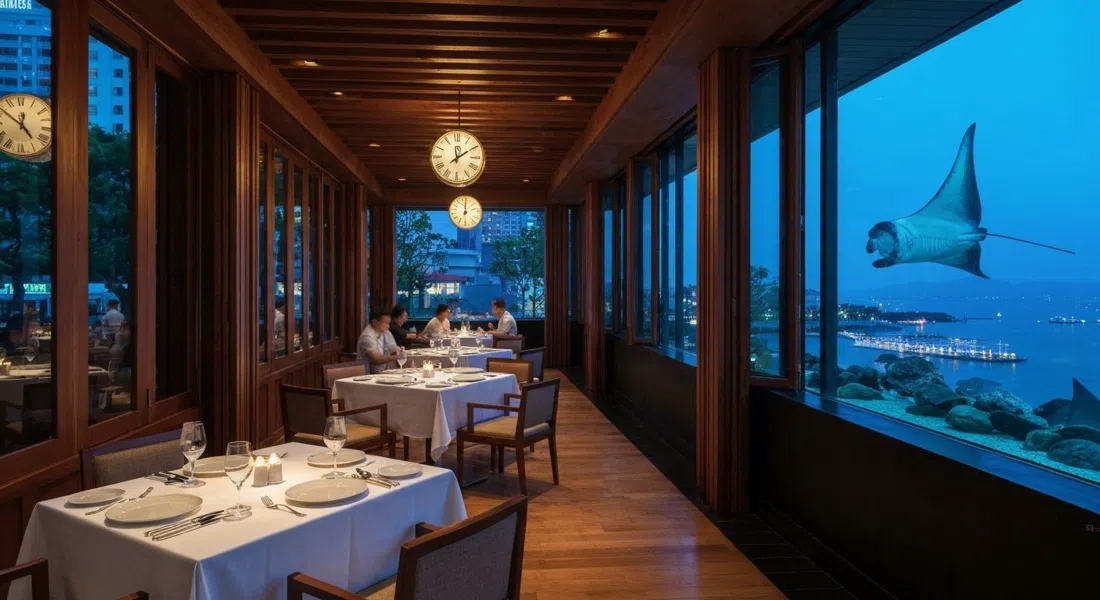 el comedor de Ocean Restaurant con un tanque de mantarrayas de pared a pared visible junto a mesas de menú de degustación elegantes al atardecer