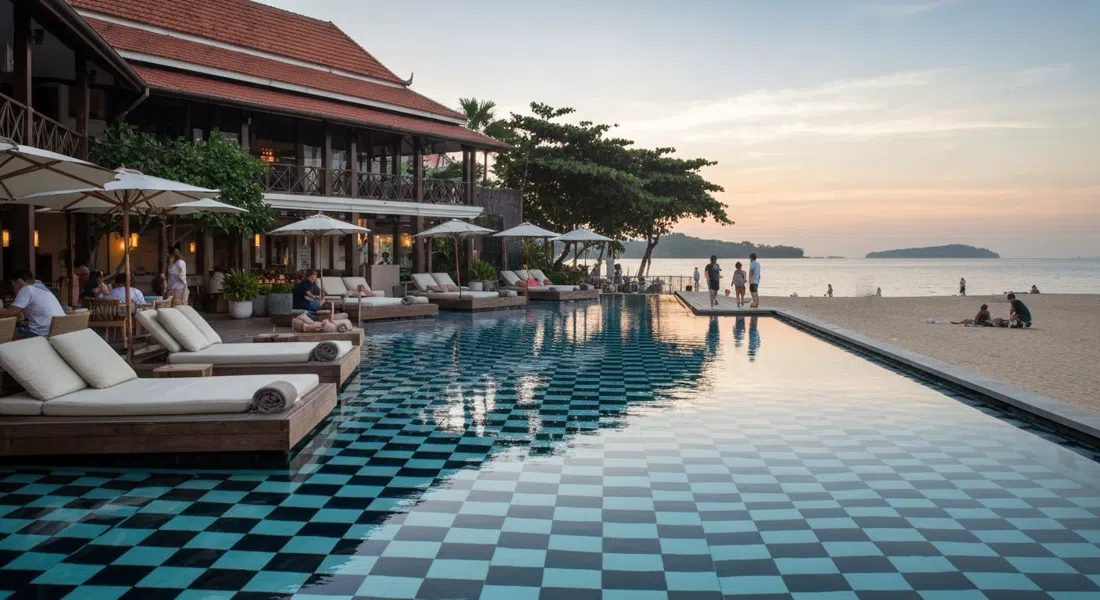 Tanjong Beach Club con su piscina infinita de azulejos de cuadros, camas de día y luz de atardecer sobre la tranquila playa de Tanjong