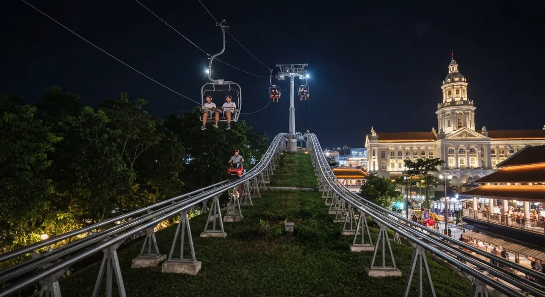 el Skyline Luge Singapore iluminado por la noche con un jinete descendiendo una de las pistas y el telesilla brillando arriba