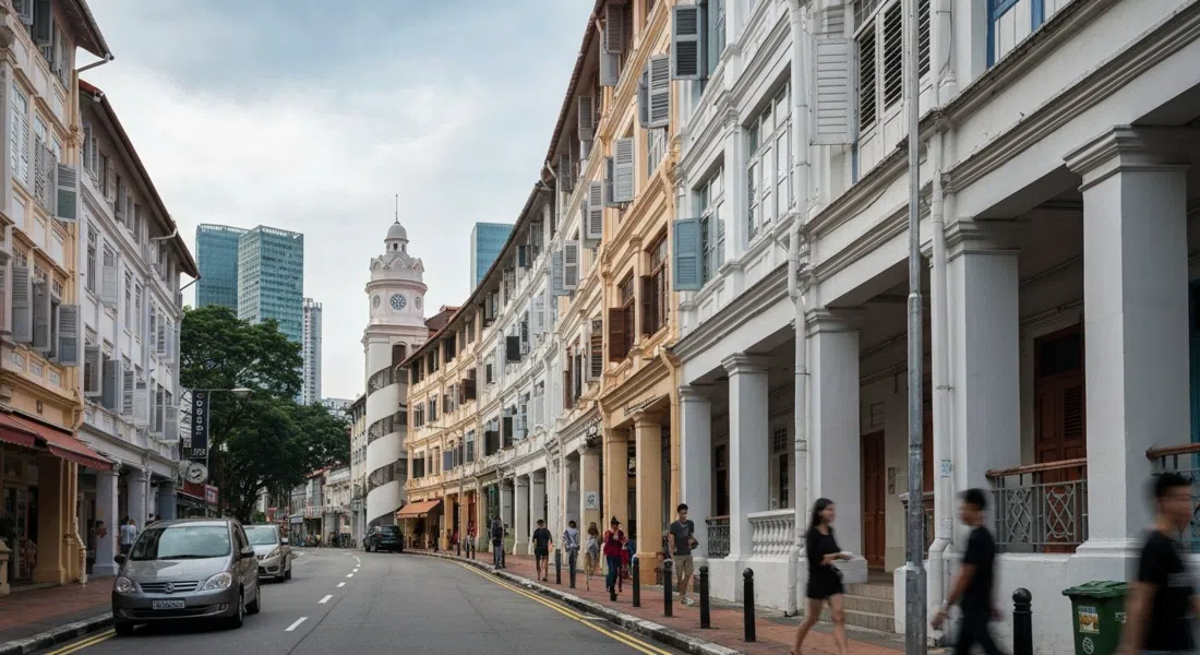 bloques curvos de los años 30 en Tiong Bahru con esquinas redondeadas y escaleras de caracol en una tranquila calle matutina