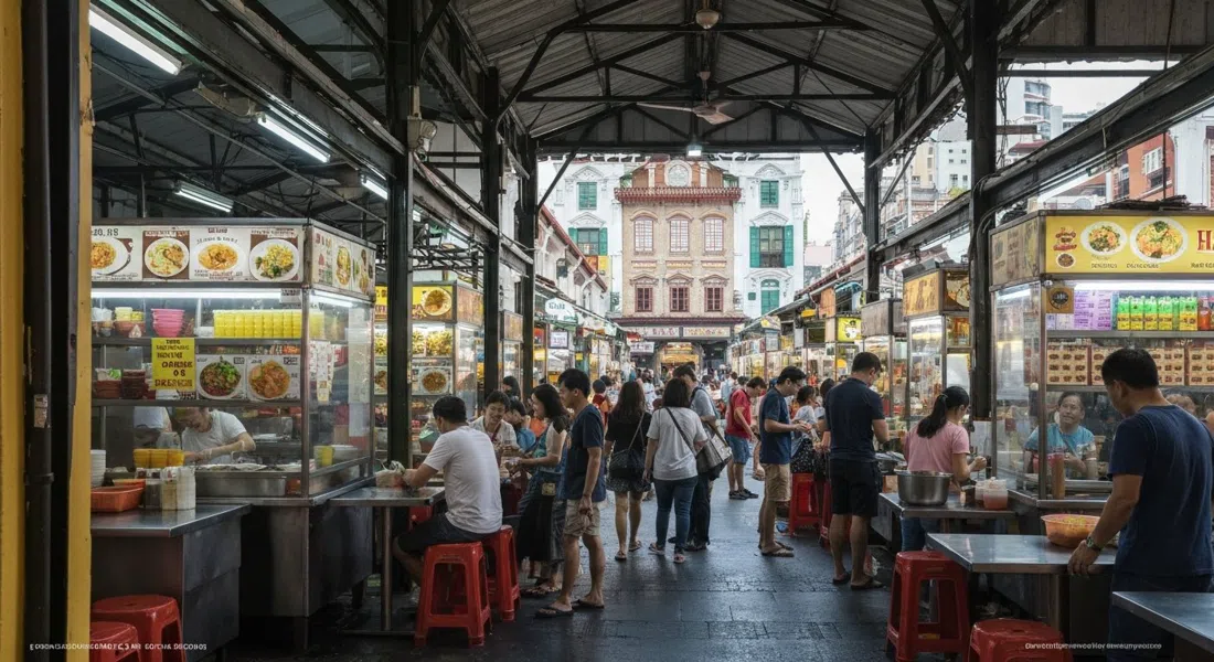 el bullicioso interior de Tiong Bahru Market en Seng Poh Road con puestos de hawker, vapor ascendente y luz matutina filtrándose