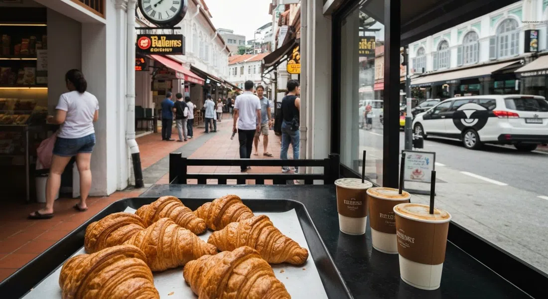 una bandeja de croissants hojaldrados en Tiong Bahru Bakery en Eng Hoon Street junto a café para llevar en la cola matutina