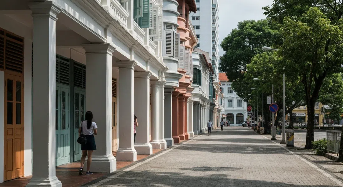 un tramo tranquilo de Guan Chuan Street con pisos Art Decó conservados, balcones redondeados y sombra moteada