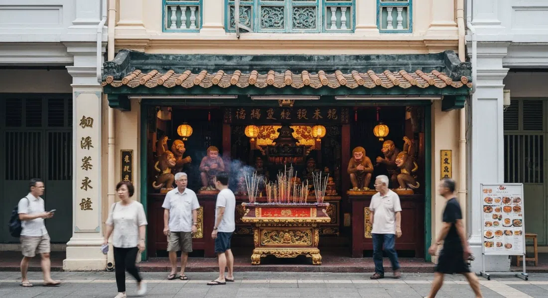 La fachada de Qi Tian Gong en 44 Eng Hoon Street con humo de incienso y estatuas del Rey Mono visibles dentro del templo de la tienda